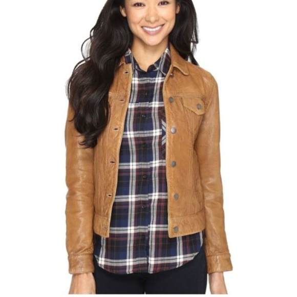 Lucky Brand Leather Trucker Jacket Cognac M NWOT - Picture 1 of 1